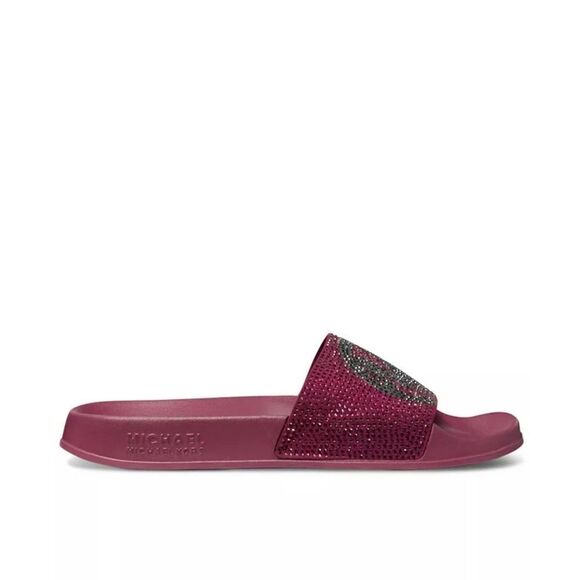 New! MICHAEL KORS Studded MK Logo Gilmore Slide Sandals Shoes Dark Berry - Picture 3 of 9